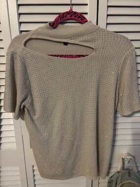 OritWalla Shimmery Cutout Short Sleeve Top - Champagne